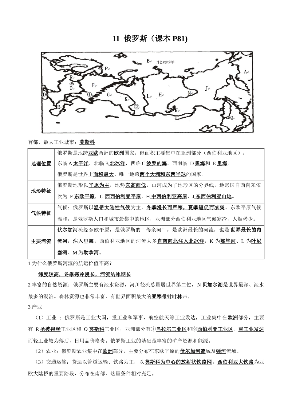 【七年级下册地理湘教版】知识要点 11 俄罗斯.docx_第1页