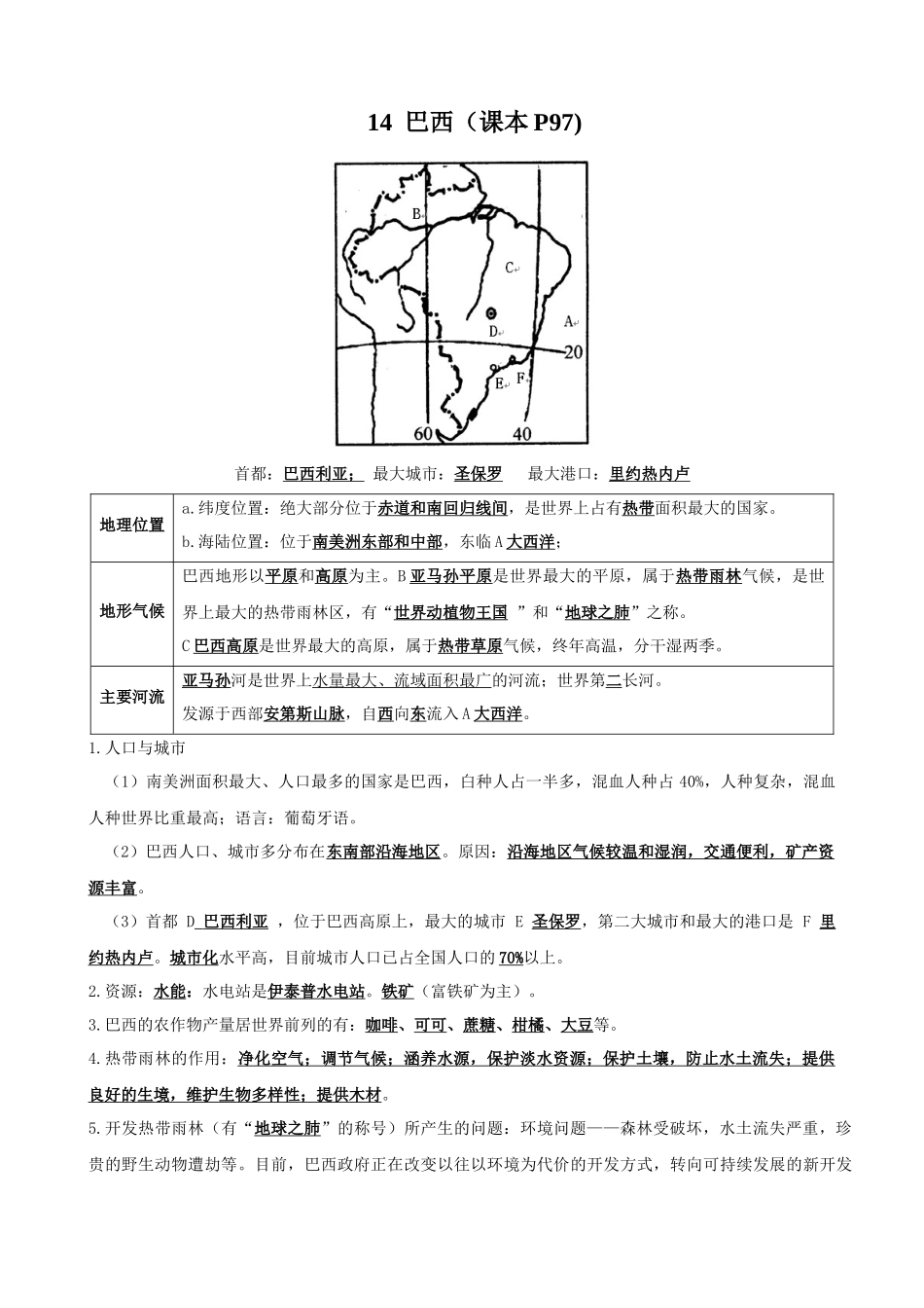 【七年级下册地理湘教版】知识要点 14 巴西.docx_第1页