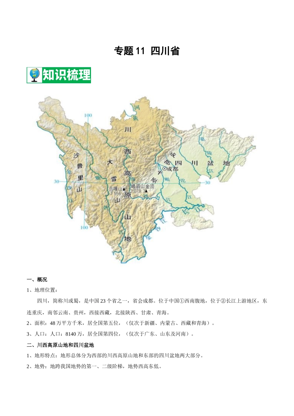 【七年级下册地理中图版】专题11 四川省  【知识梳理】.docx_第1页