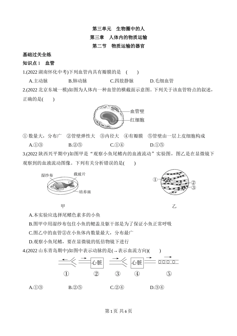 【七年级下册生物济南版】3.3.2 物质运输的器官 同步练习.docx_第1页