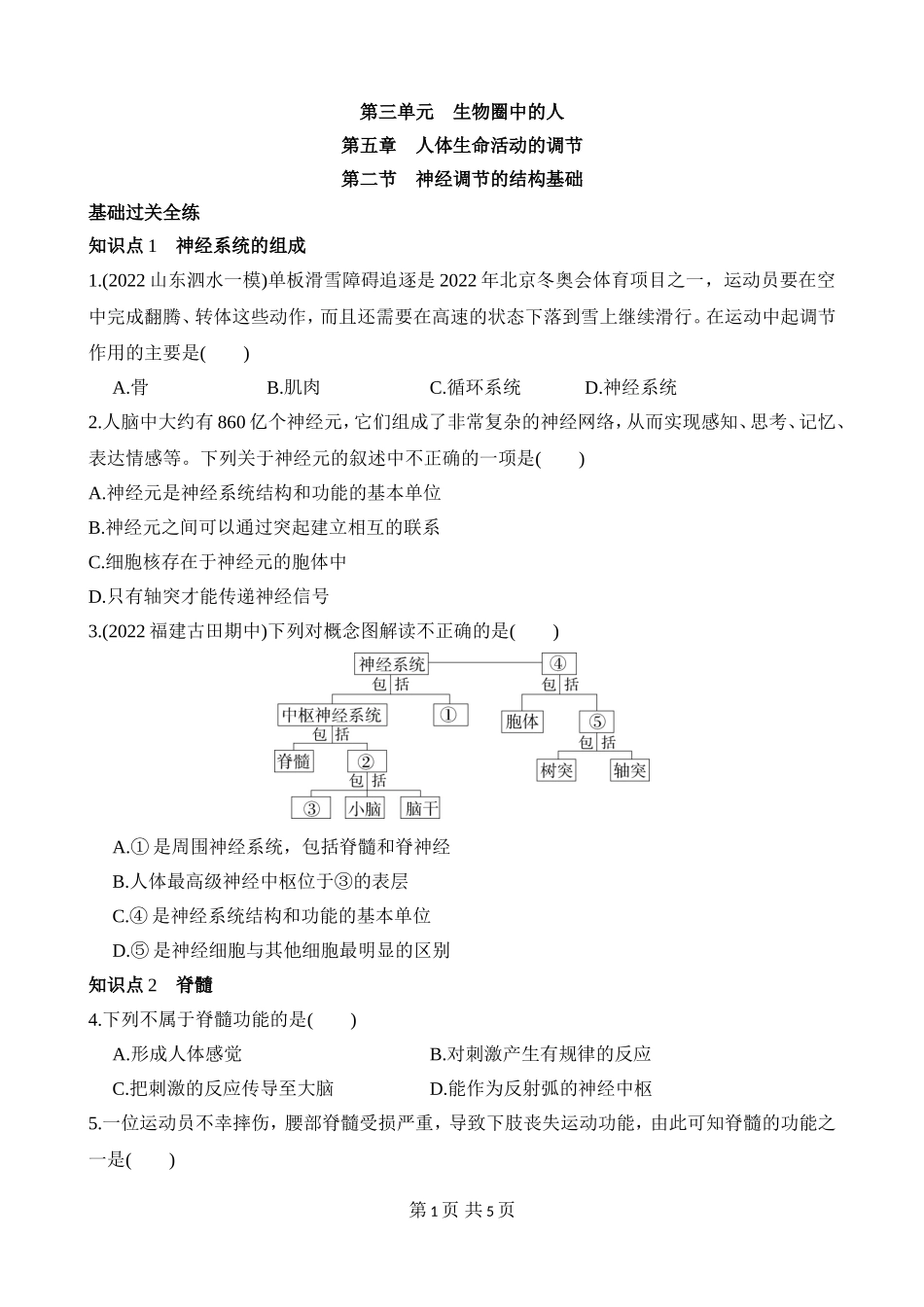 【七年级下册生物济南版】3.5.2 神经调节的结构基础 同步练习.docx_第1页