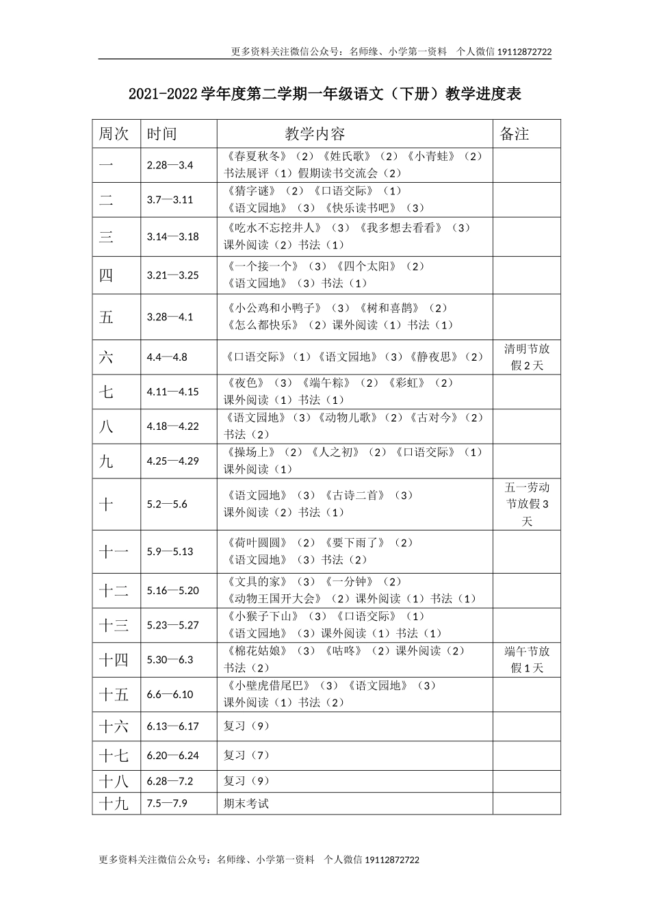 一年级下册语文教学进度表.doc_第1页