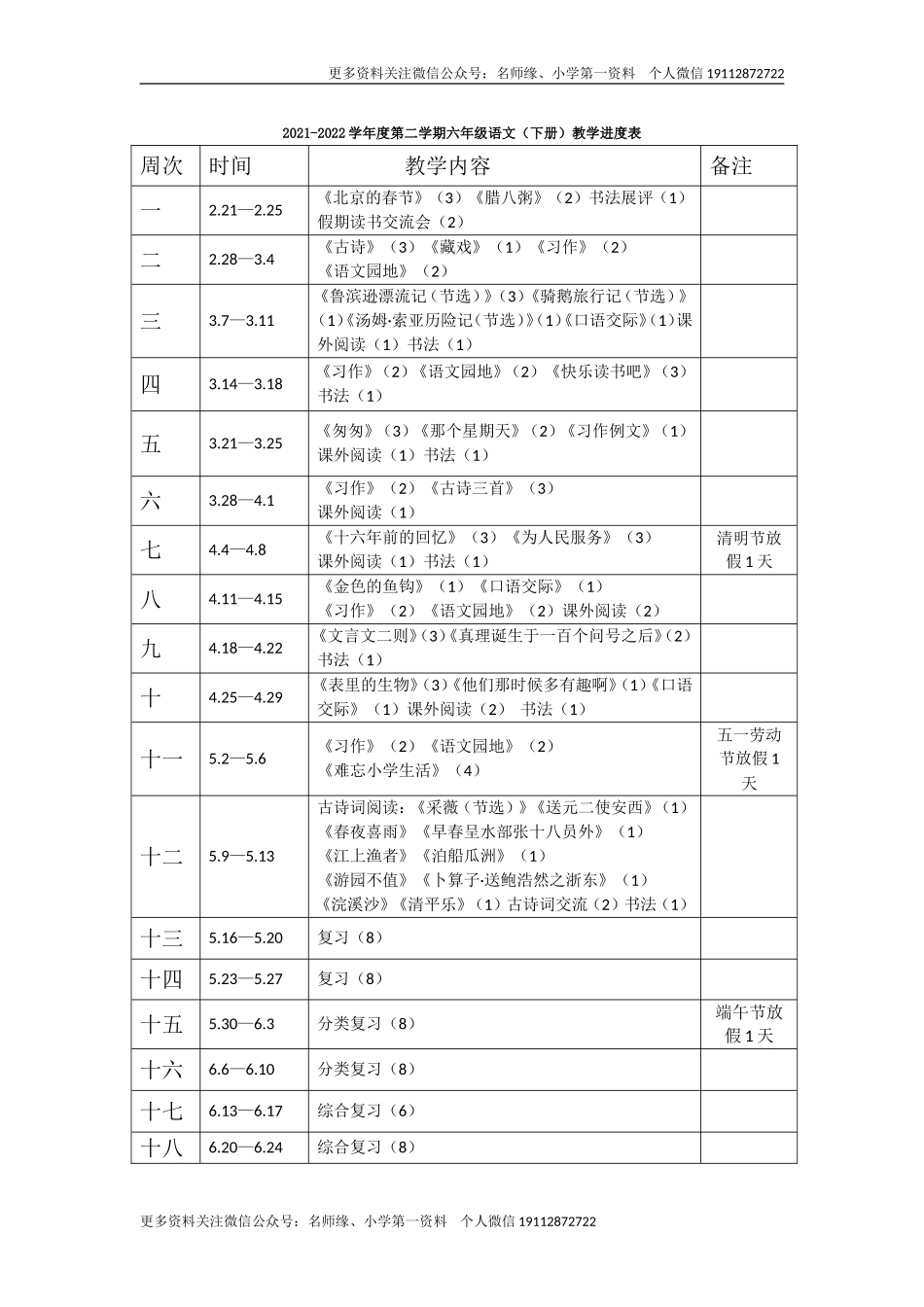 语文六年级下册教学进度表.doc_第1页