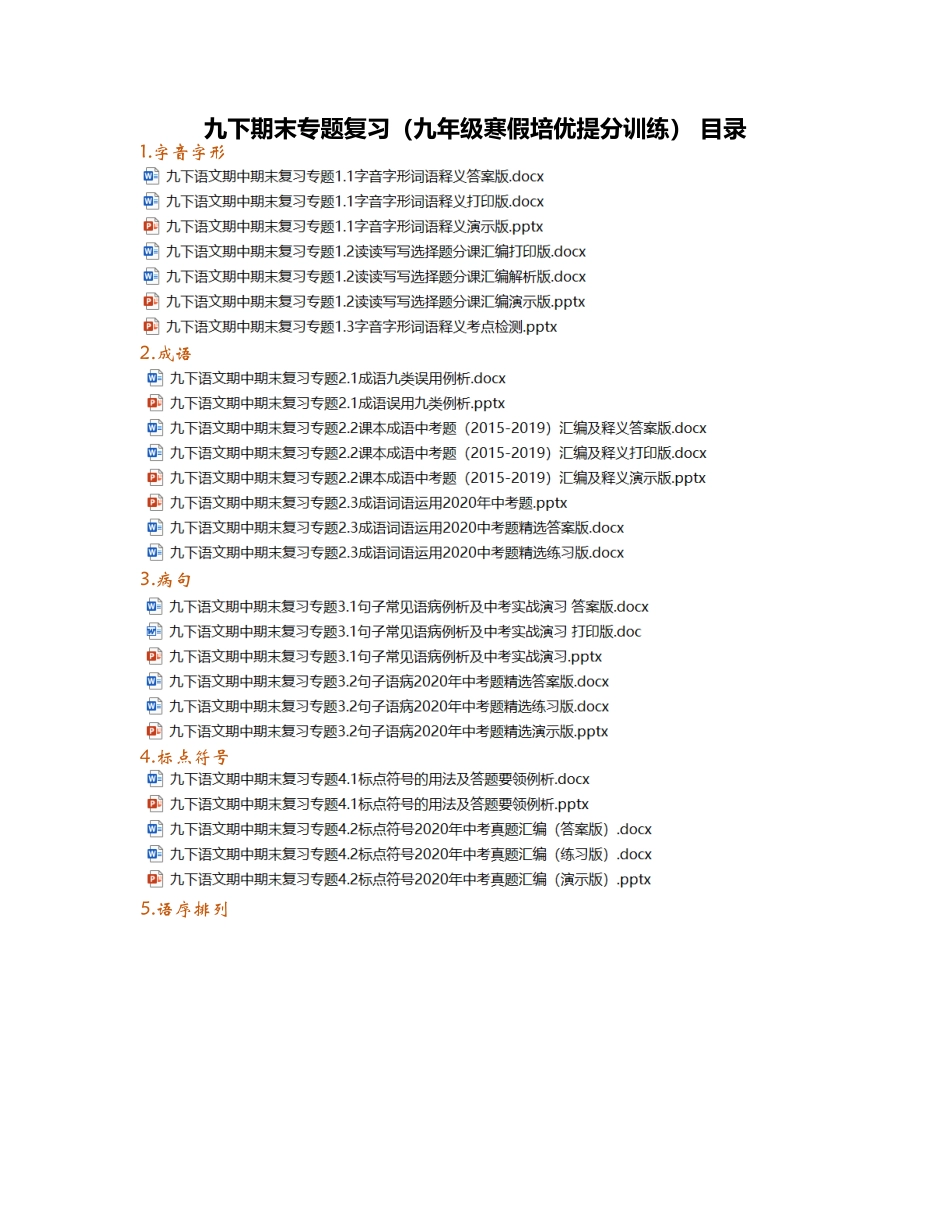 九下期末专题复习（九年级寒假培优提分训练） 目录.docx_第1页