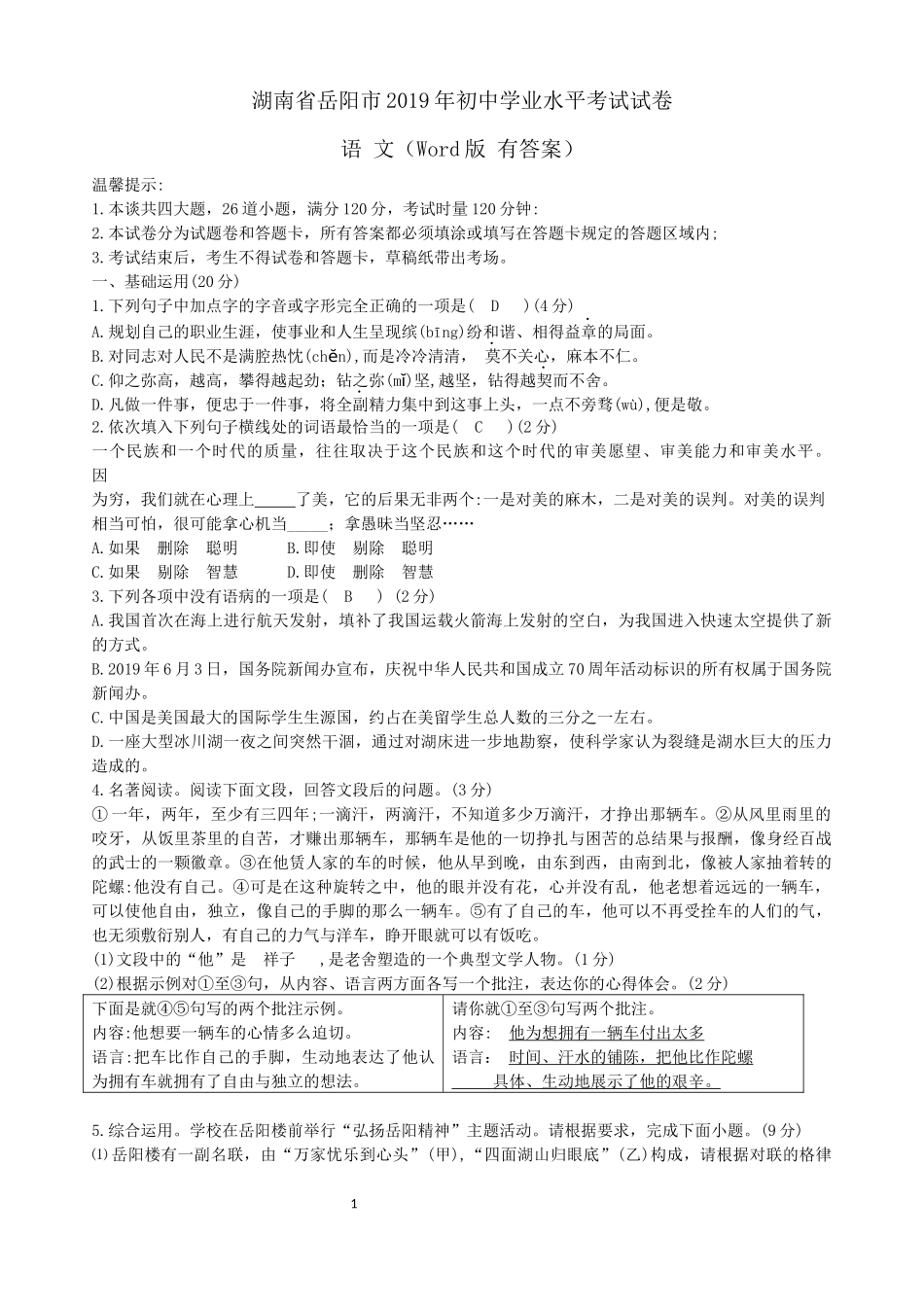 2019年湖南省岳阳市中考语文试题（word，含答案）.doc_第1页