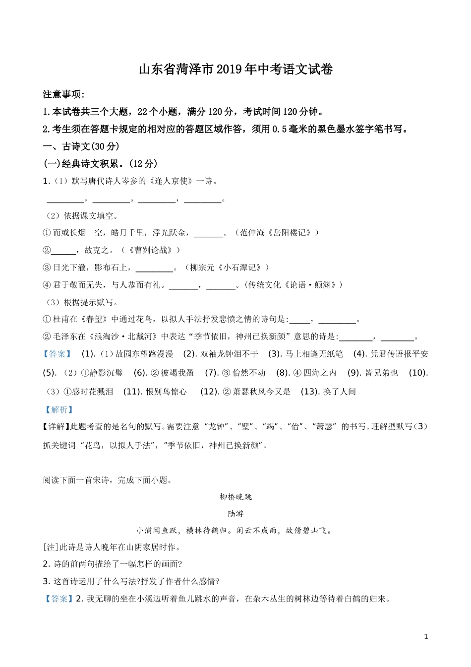 2019年山东省菏泽市中考语文试题（解析版）.doc_第1页