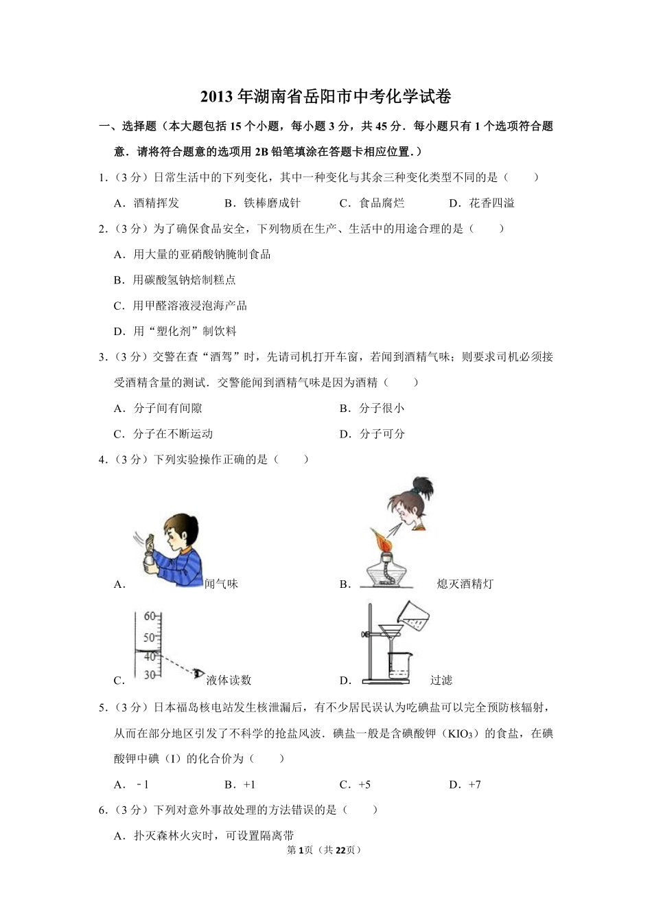2013年湖南省岳阳市中考化学试卷（含解析版）.pdf_第1页