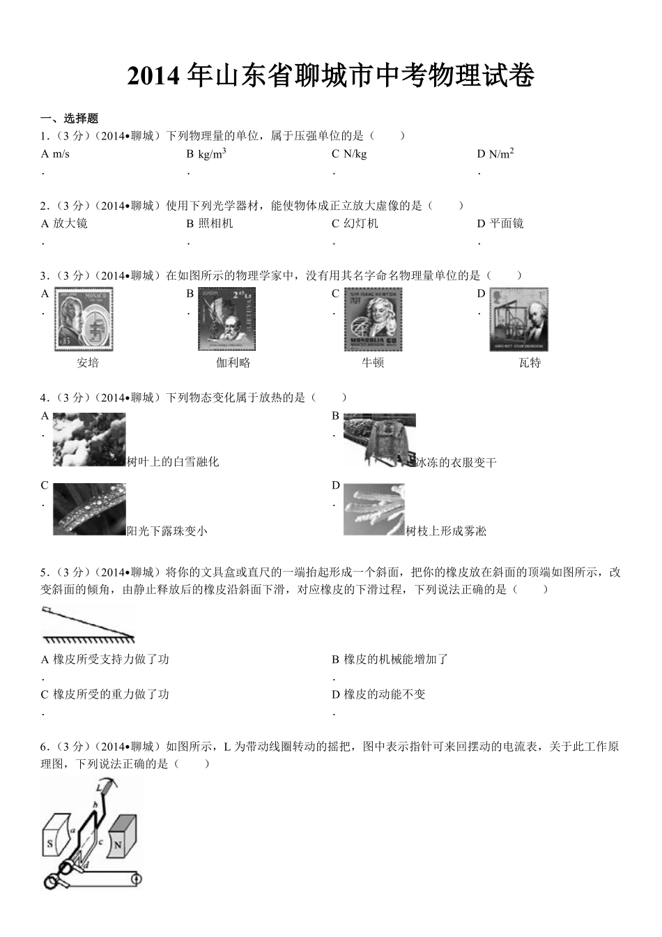 2014年聊城市中考物理试题(解析版).pdf_第1页