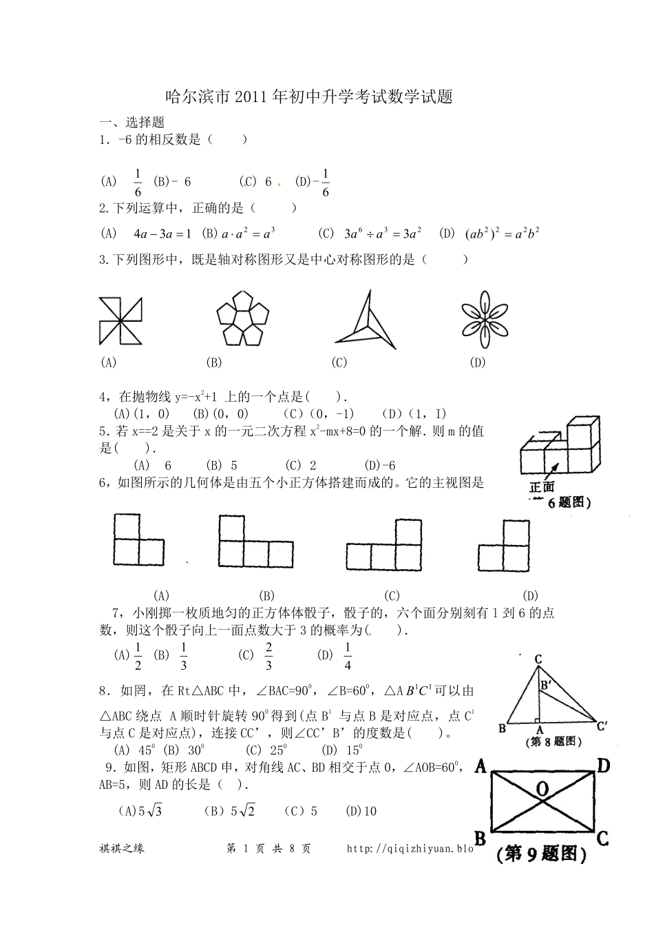 2011年哈尔滨市中考数学试题及答案.pdf_第1页