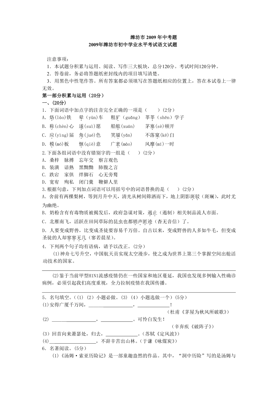 2009年山东省潍坊市中考语文试题及答案.pdf_第1页