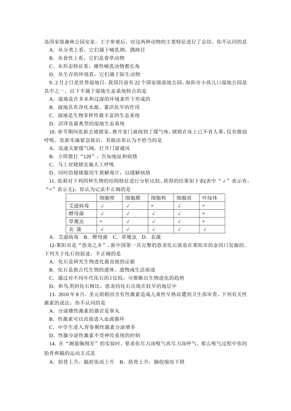 2011烟台市中考生物试题及答案(word版).doc_第2页