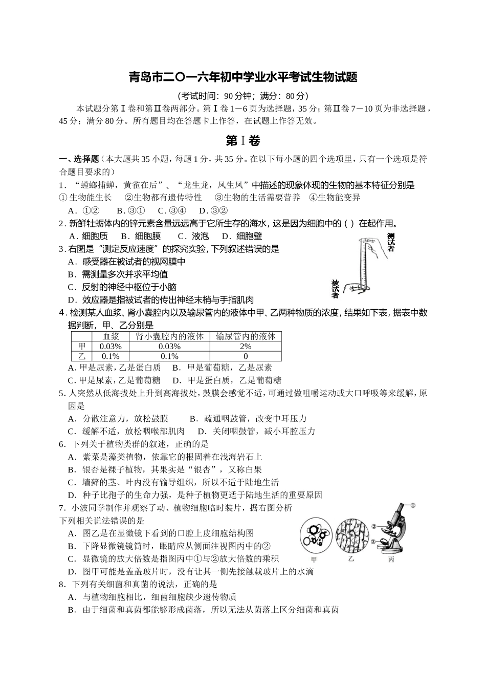 2016年山东青岛初中生物学业考试题及答案.doc_第1页