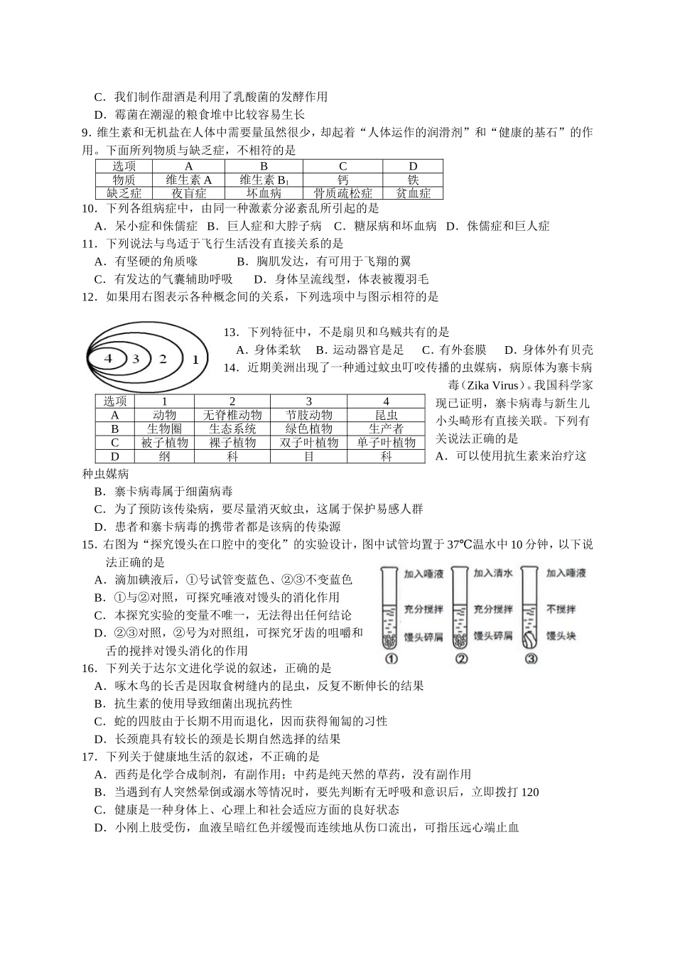 2016年山东青岛初中生物学业考试题及答案.doc_第2页