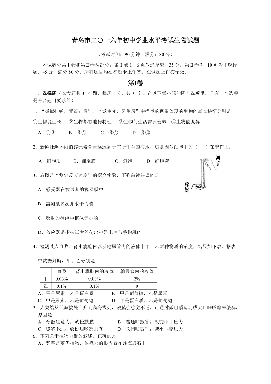 2016年山东青岛初中生物学业考试题及答案.pdf_第1页