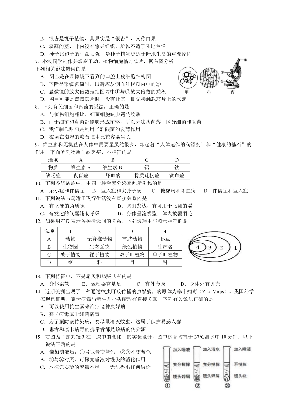 2016年山东青岛初中生物学业考试题及答案.pdf_第2页