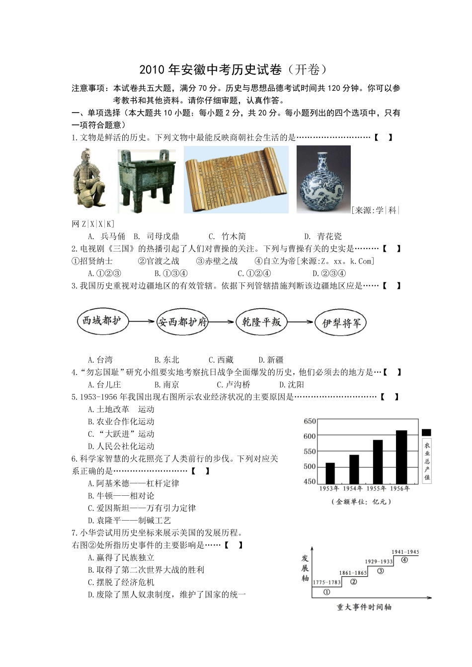 2010年安徽省历史中考试题及答案.pdf_第1页