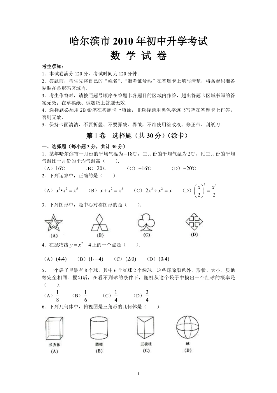 2010年哈尔滨市中考数学试题及答案.pdf_第1页