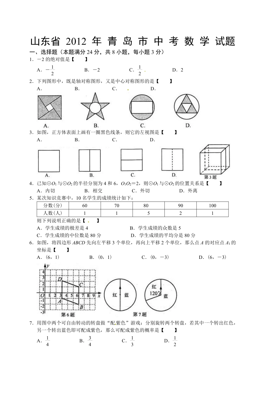 2012年青岛市中考数学试题及答案.pdf_第1页