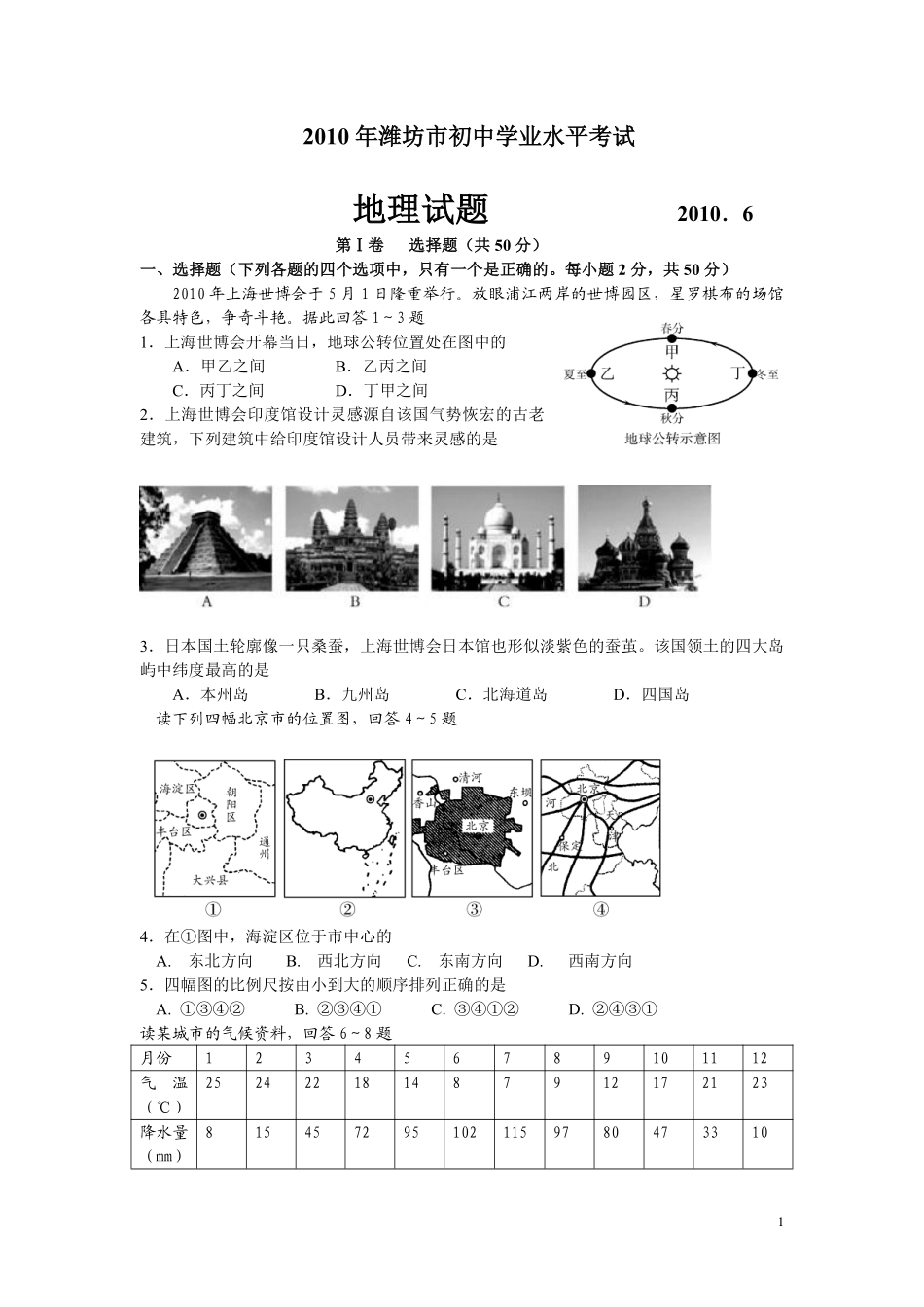 2010潍坊市中考地理试题真题(含答案版).pdf_第1页