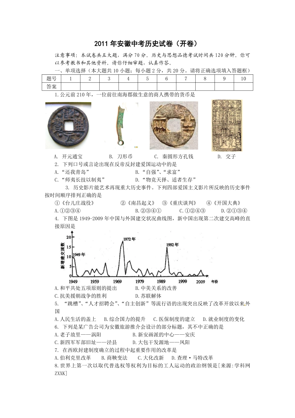 2011年安徽省历史中考试题及答案.pdf_第1页