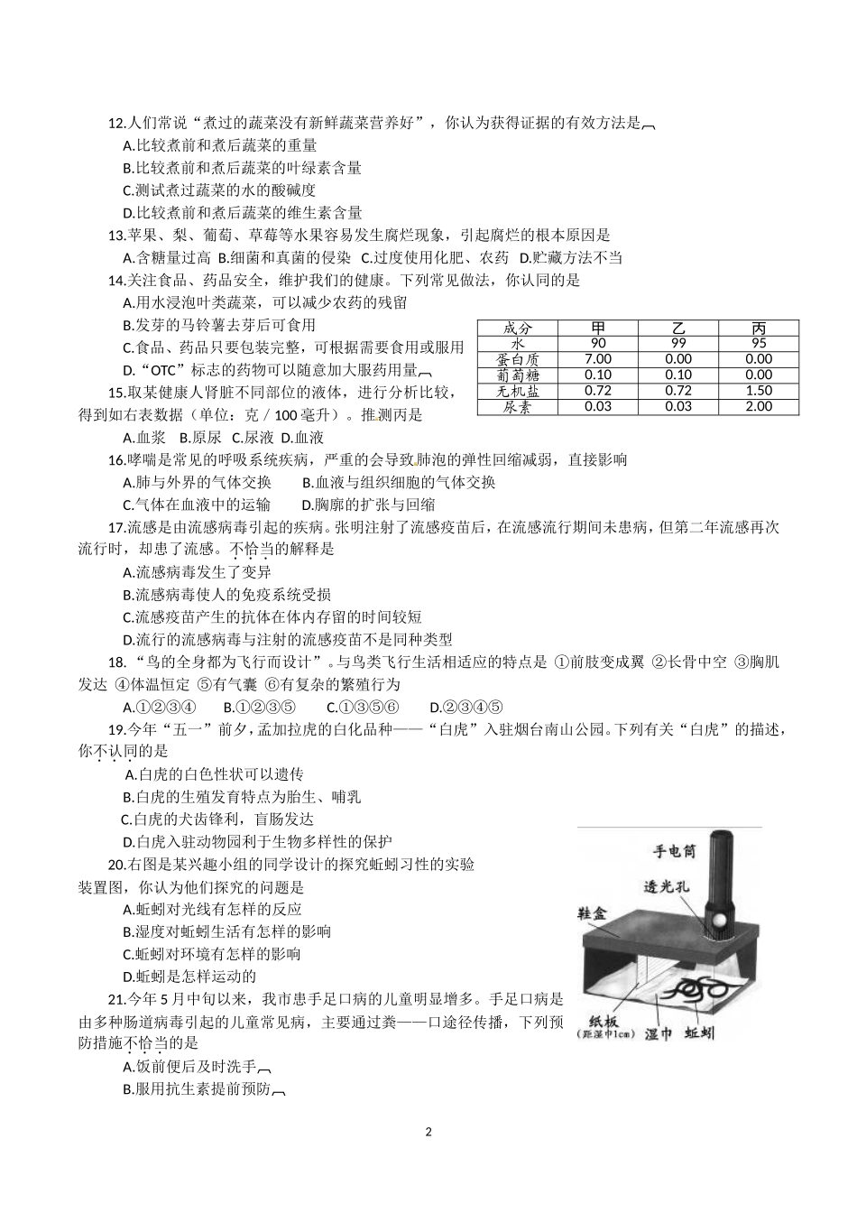 2012烟台市中考生物试题及答案(word版).doc_第2页