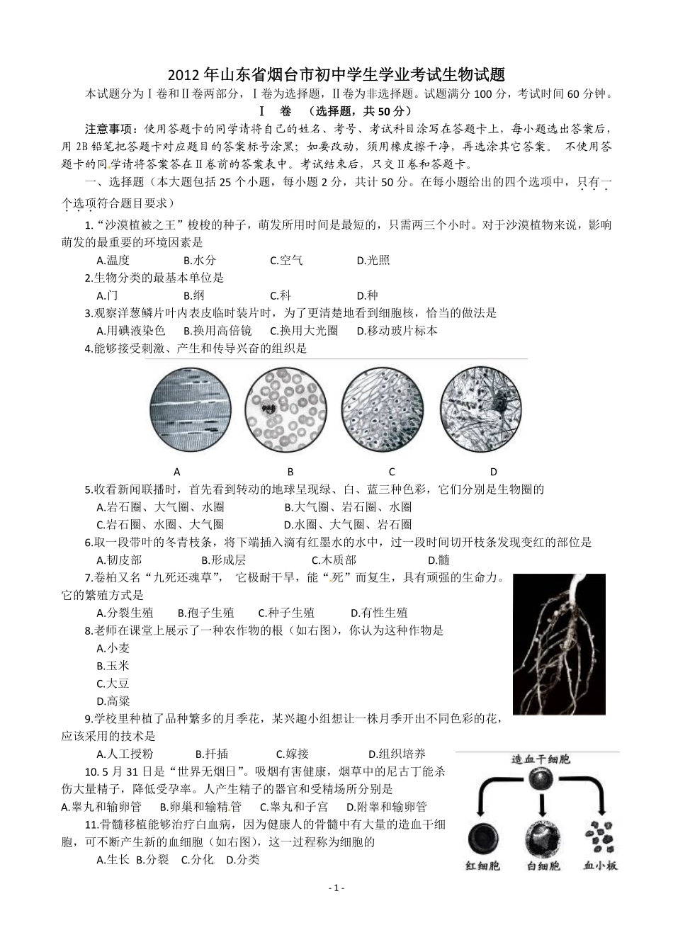 2012烟台市中考生物试题及答案(word版).pdf_第1页