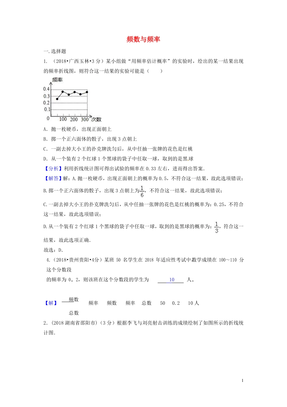 2018年中考数学真题分类汇编第二期专题15频数与频率试题含解析201901253132.pdf_第1页