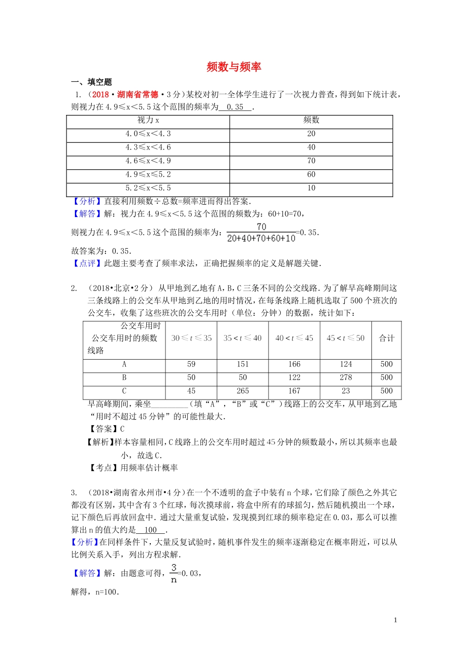 2018年中考数学真题分类汇编第一期专题15频数与频率试题含解析20190125389.doc_第1页