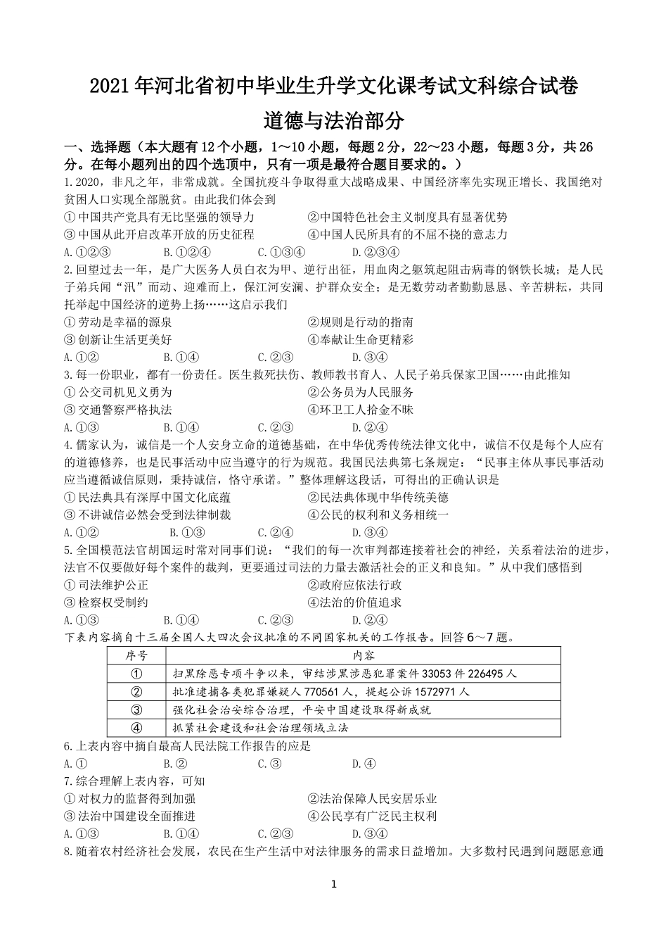 2021年河北省中考文综(政治)试卷(word版-含答案).doc_第1页