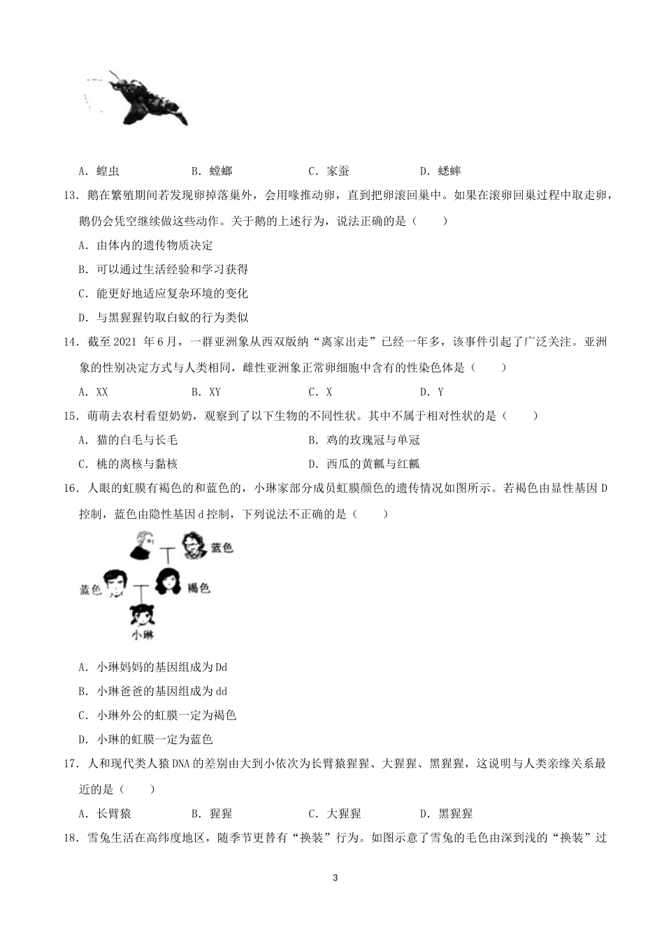 2021年河南省中考生物试卷（word，解析版）.docx_第3页