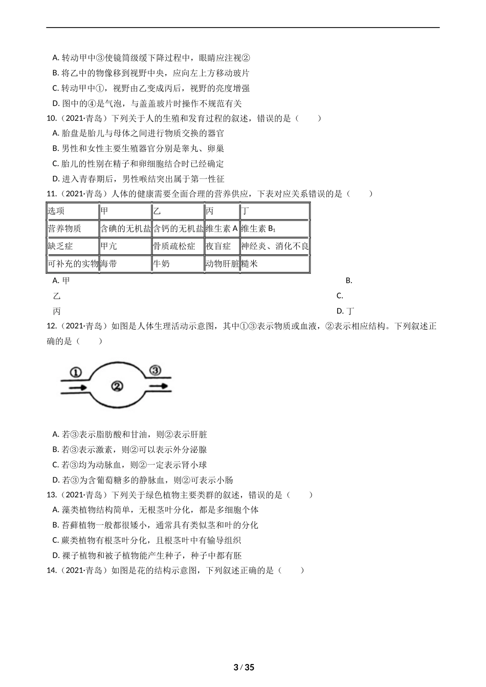 2021年山东青岛初中生物学业考试题及答案.docx_第3页