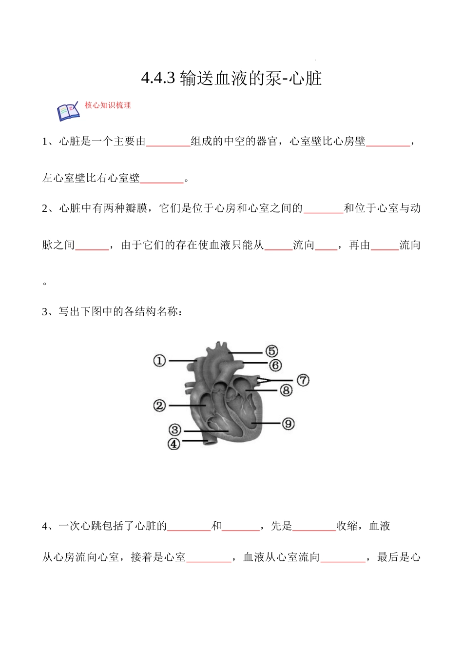 【七年级下册生物人教版】4.4.3 输送血液的泵-心脏-（原卷版）.docx_第1页