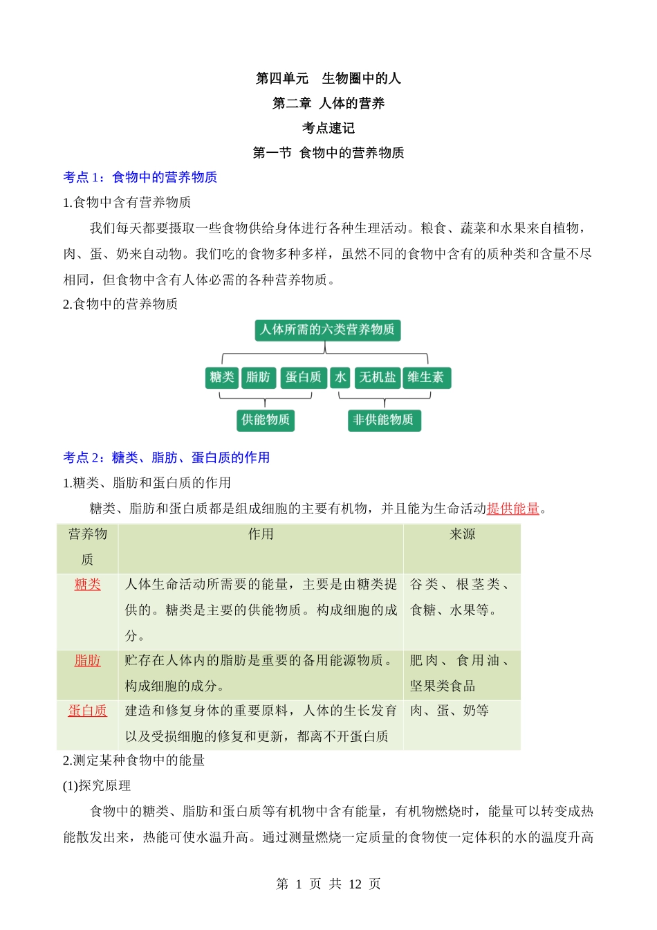 【七年级下册生物人教版】背诵-第四单元 第二章 人体的营养.docx_第1页