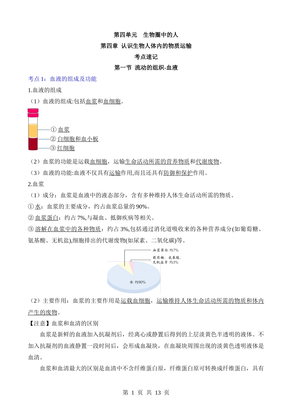 【七年级下册生物人教版】背诵-第四单元 第四章 人体内的物质运输.docx_第1页