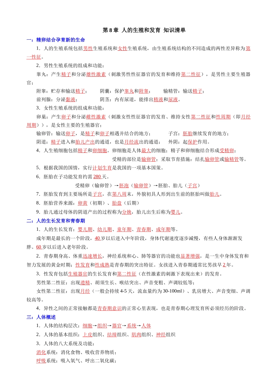 【七年级下册生物苏教版】第8章 人的生殖和发育.docx_第1页