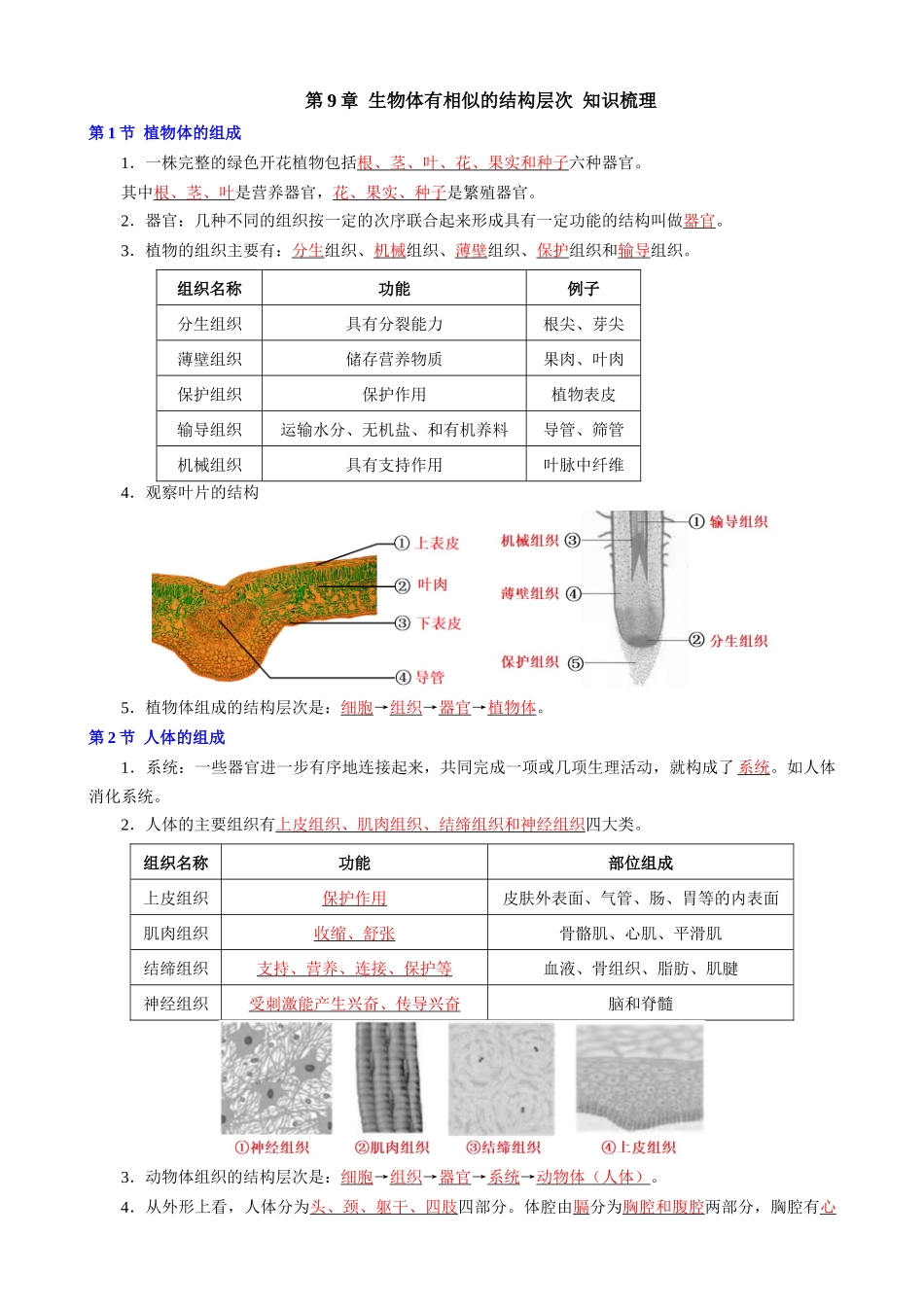 【七年级下册生物苏科版】第9章 生物体有相似的结构层次.docx_第1页