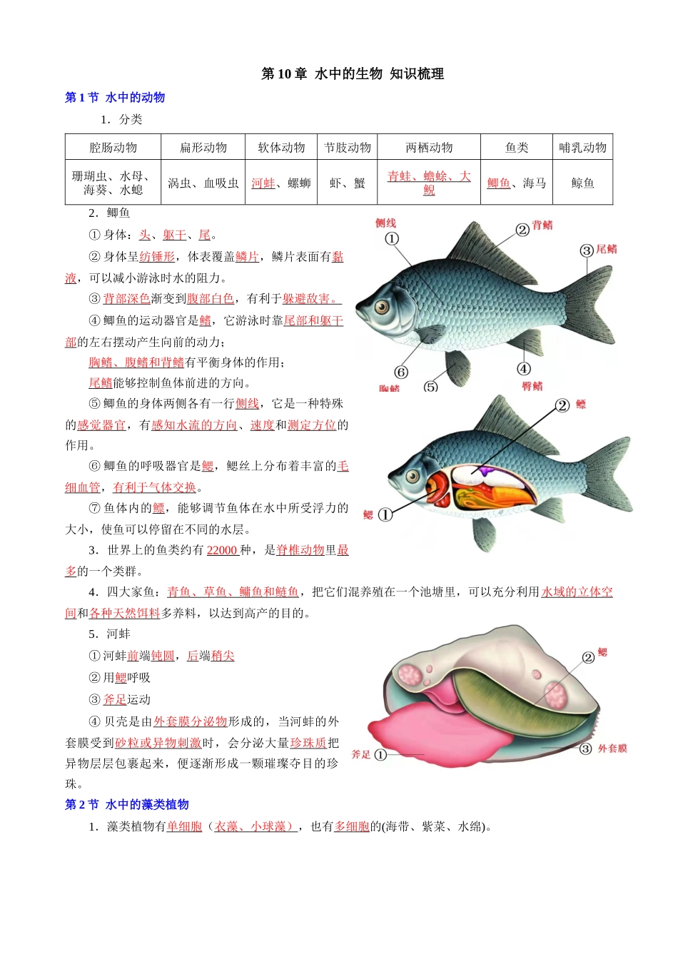 【七年级下册生物苏科版】第10章 水中的生物.docx_第1页