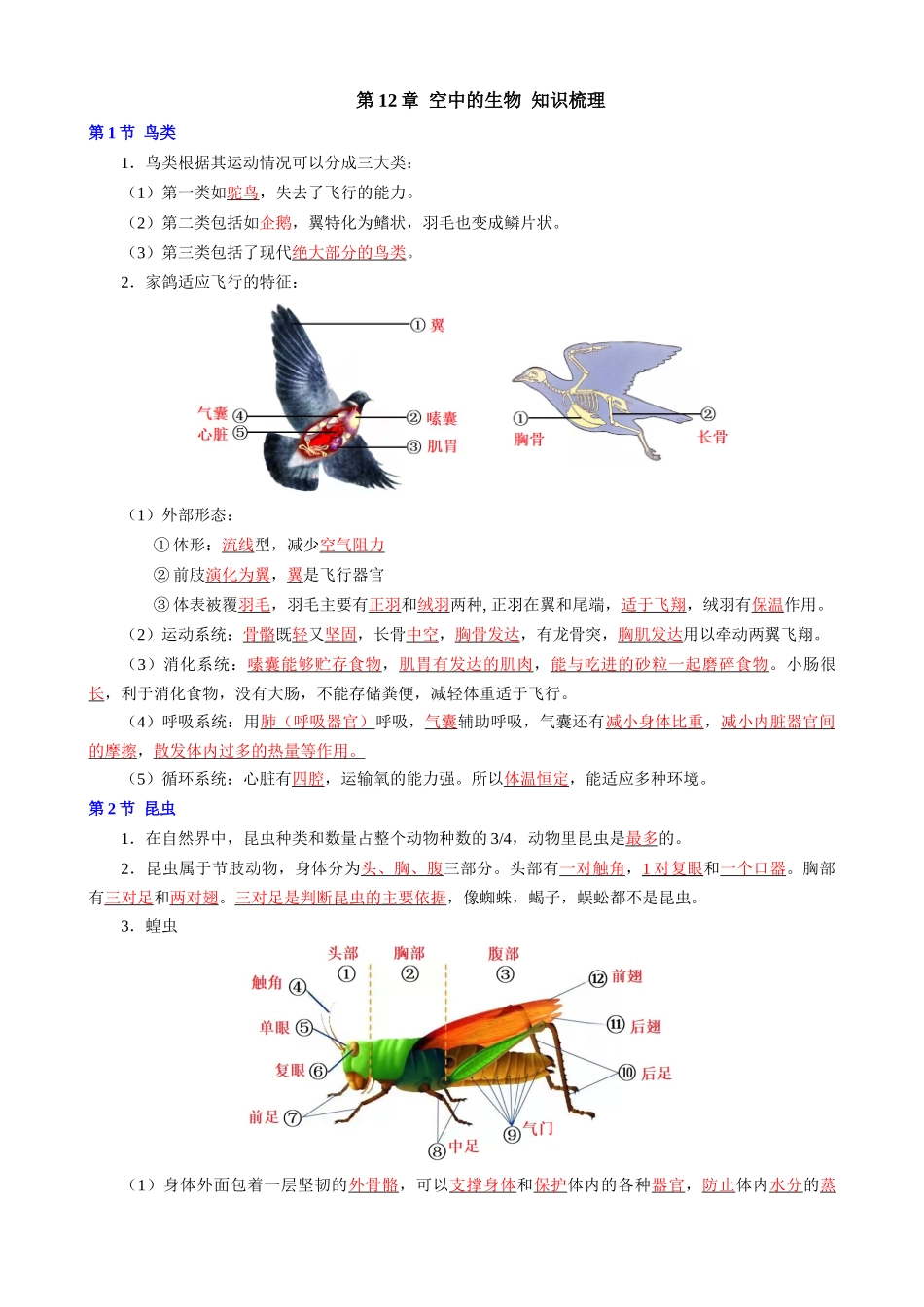 【七年级下册生物苏科版】第12章 空中的生物.docx_第1页