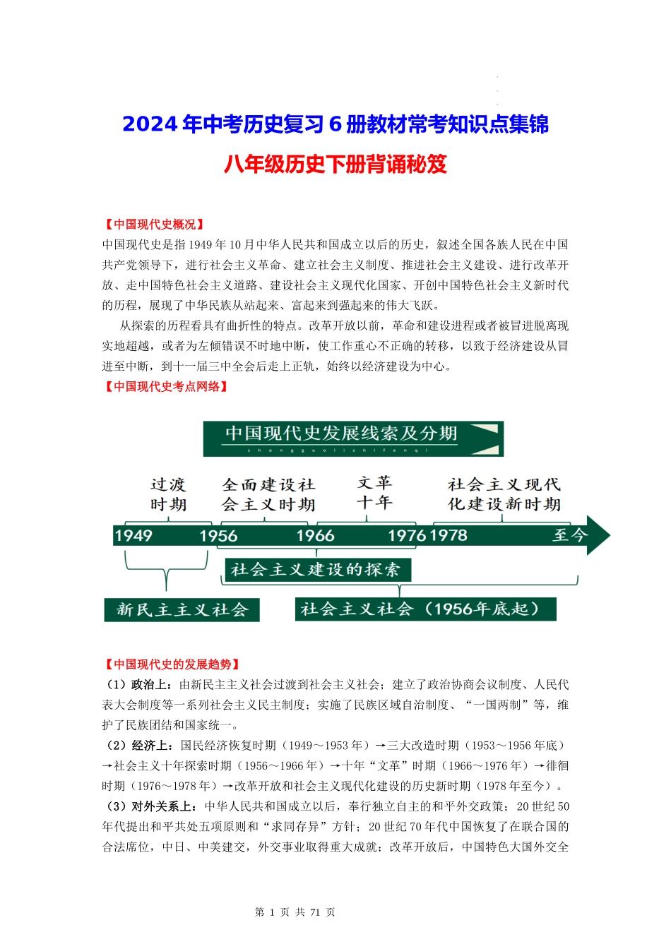 八年级历史下册-【背诵秘笈】2024年中考历史复习6册教材常考知识点集锦（部编版）.docx_第1页