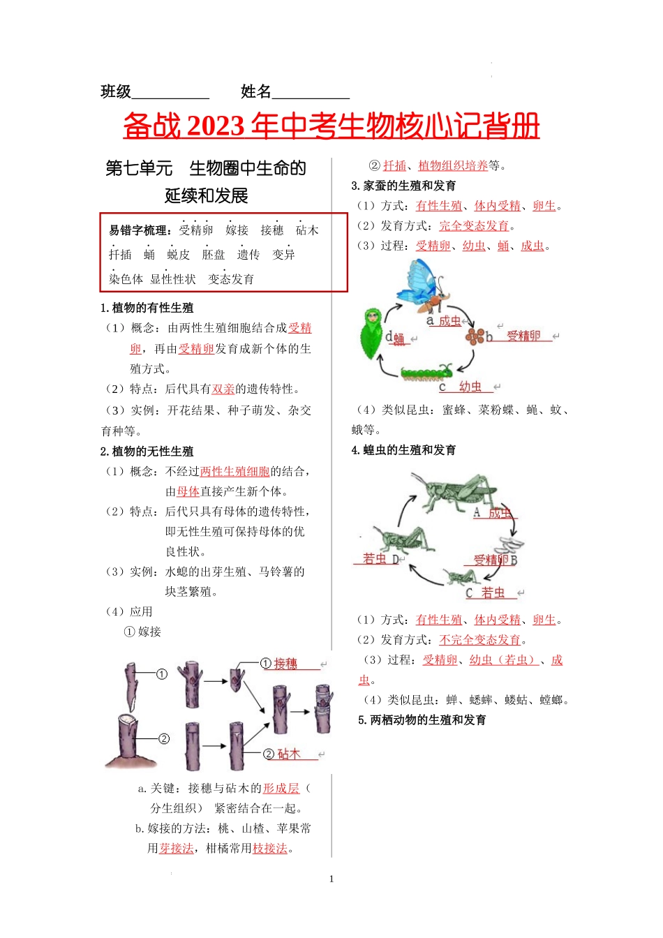 八年级生物下册-【核心记背册】备战2023年中考生物核心考点精华必背 (1).docx_第1页