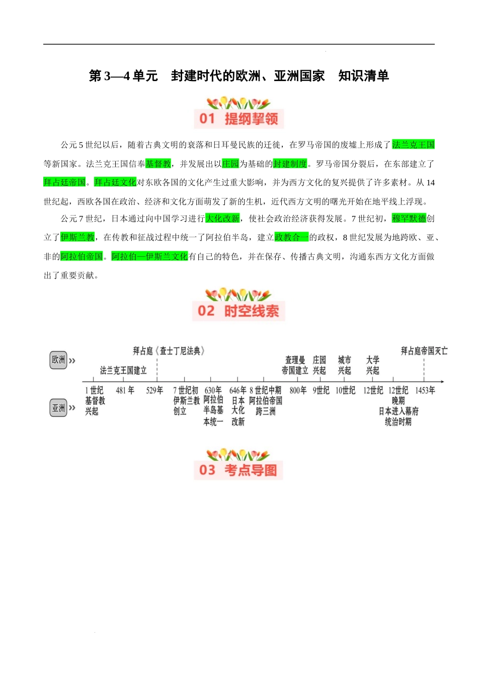 第3—4单元 封建时代的欧洲、亚洲国家【知识清单】-2023-2024学年九年级历史上学期期中考点大串讲（部编版）.docx_第1页