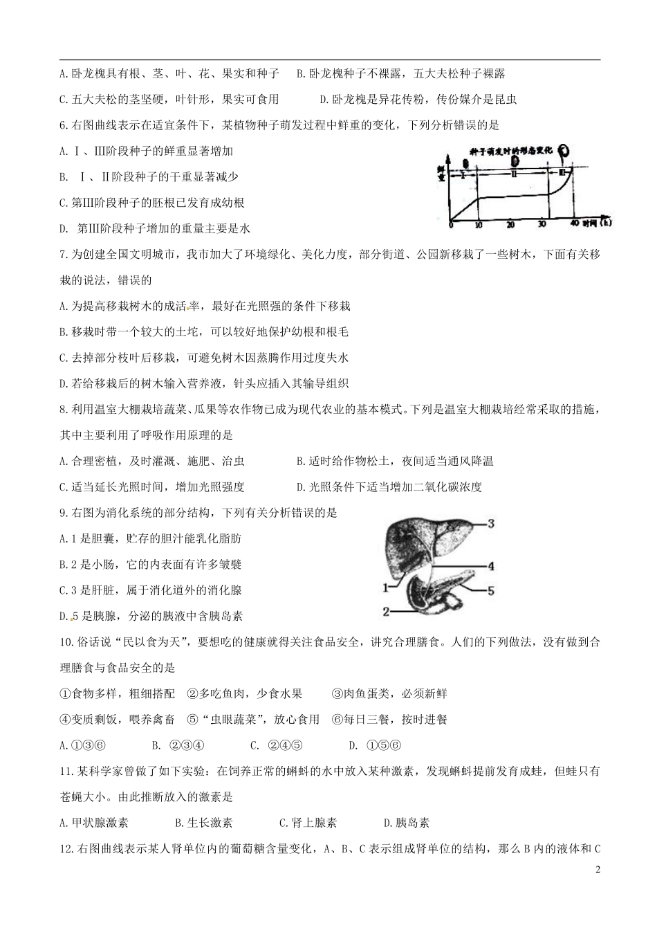 山东省泰安市2015年中考生物真题试题（含扫描答案）.pdf_第2页