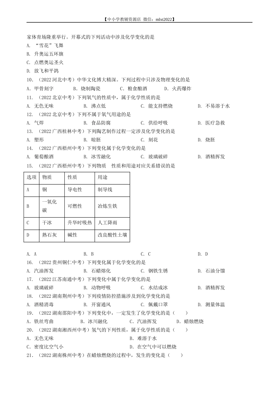 专题01 物质的变化与性质-2022年中考化学真题分项汇编（全国通用）（第03期）（原卷版）.docx_第2页