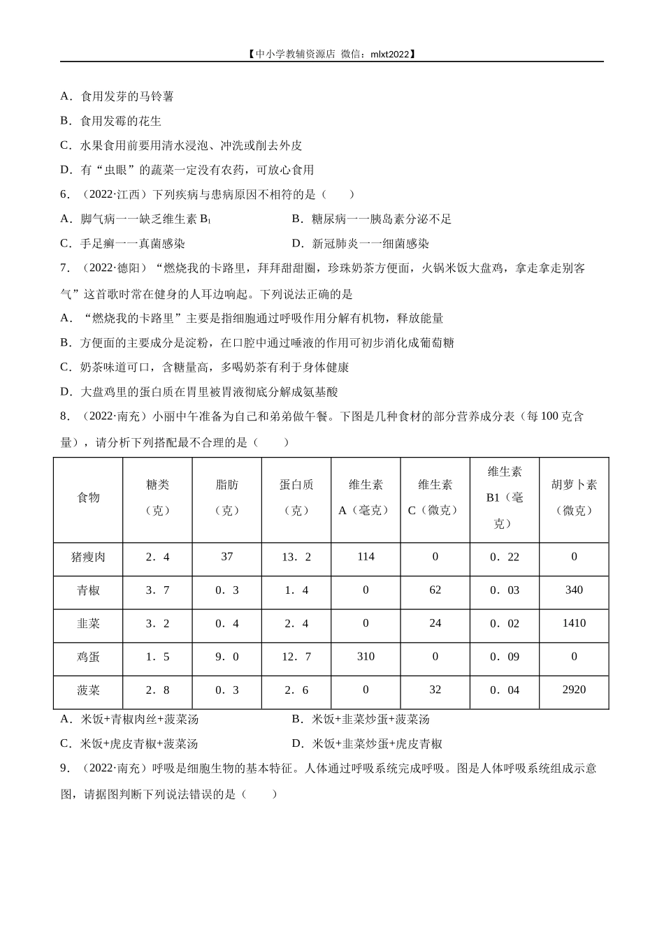 专题05 人体的营养和呼吸-2022年中考生物真题分项汇编 （全国通用）（原卷版）.docx_第2页