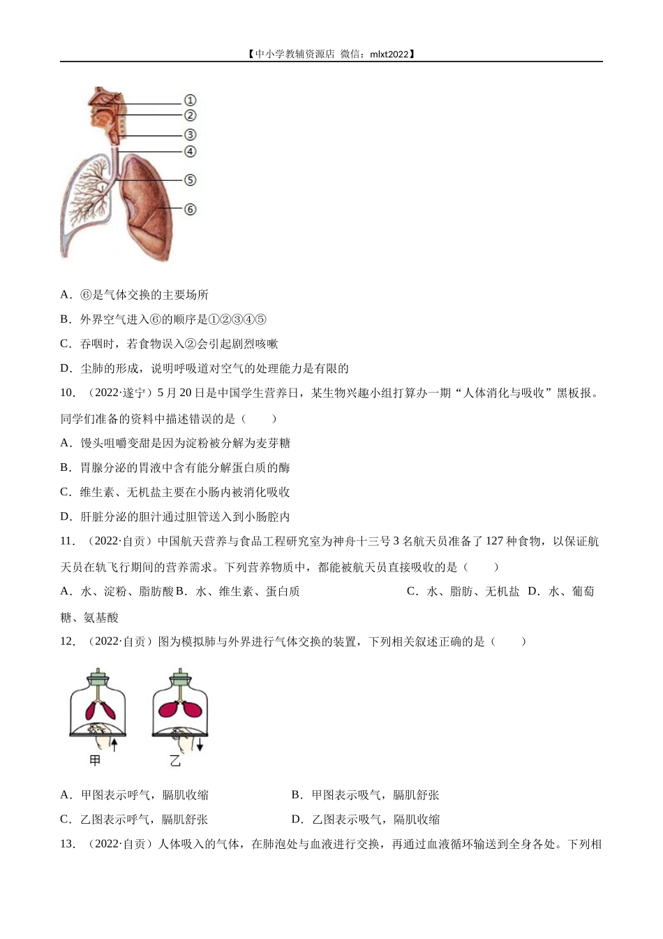 专题05 人体的营养和呼吸-2022年中考生物真题分项汇编 （全国通用）（原卷版）.docx_第3页