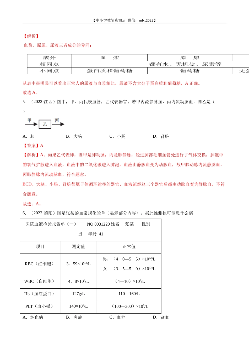 专题06 人体内物质运输和废物排出-2022年中考生物真题分项汇编 （全国通用）（解析版）.docx_第3页