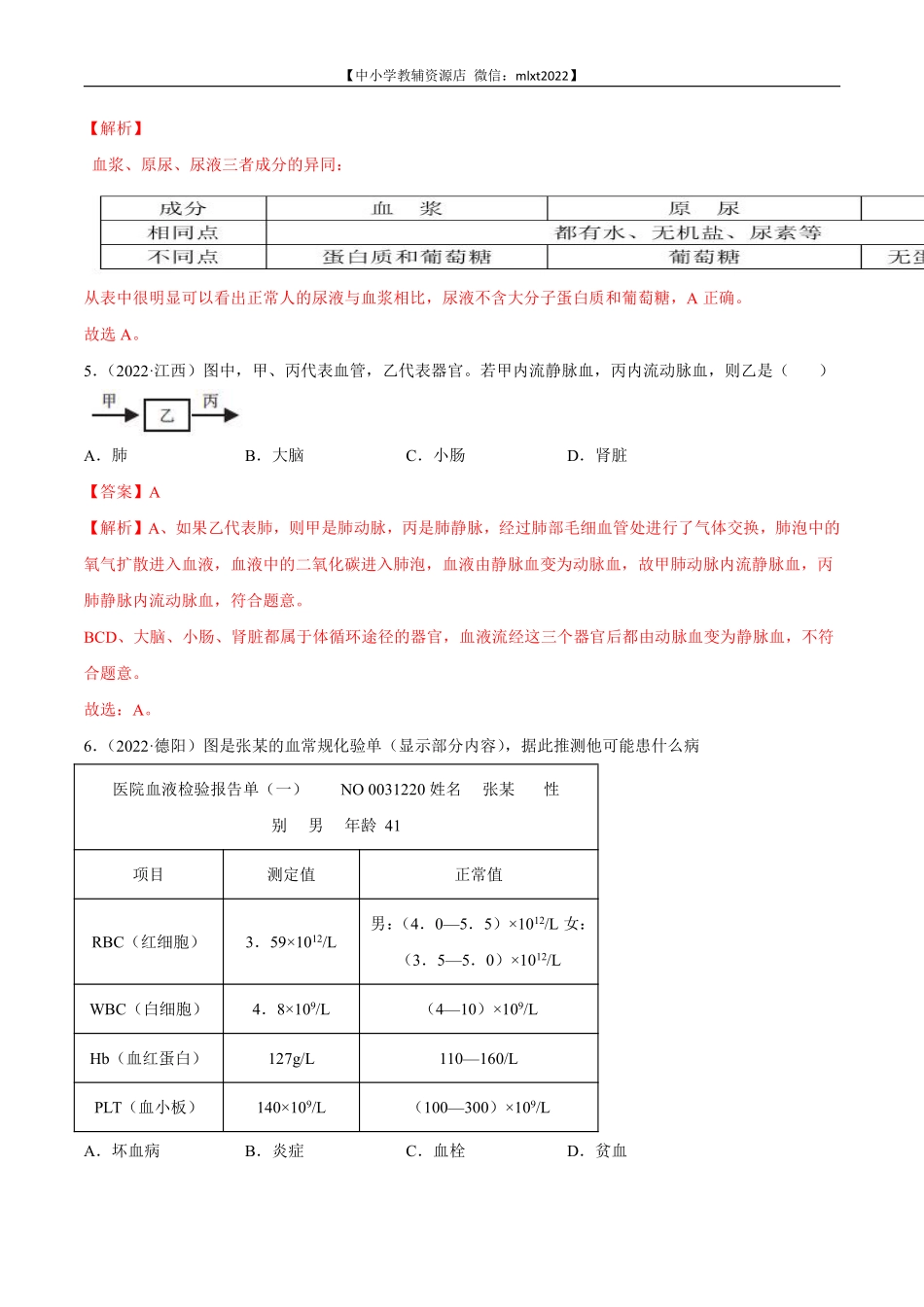 专题06 人体内物质运输和废物排出-2022年中考生物真题分项汇编 （全国通用）（解析版）.pdf_第3页