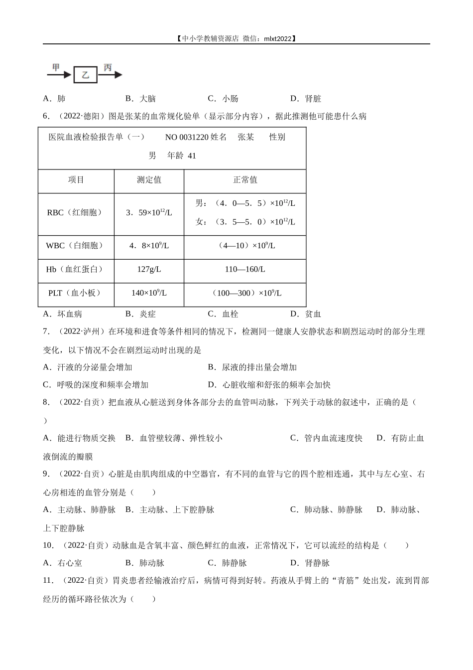 专题06 人体内物质运输和废物排出-2022年中考生物真题分项汇编 （全国通用）（原卷版）.docx_第2页