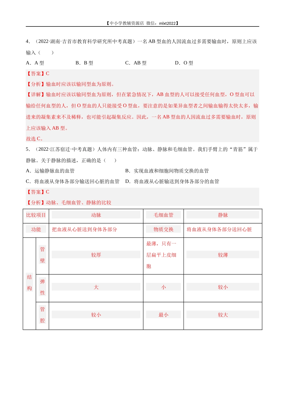 专题06 人体内物质运输和废物排出-2022年中考生物真题分项汇编（全国通用）（第4期）（解析版）.docx_第2页