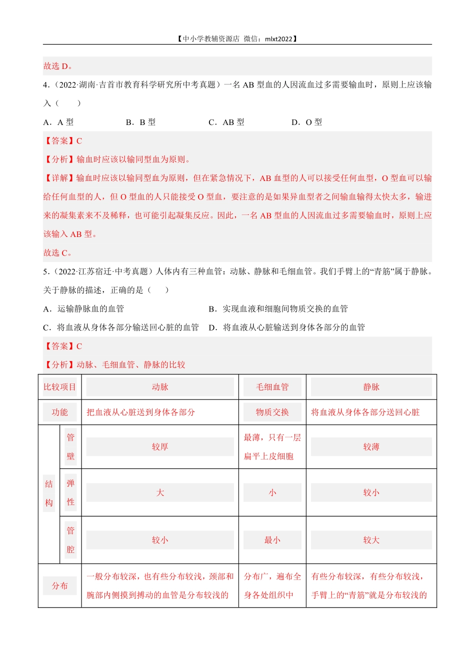 专题06 人体内物质运输和废物排出-2022年中考生物真题分项汇编（全国通用）（第4期）（解析版）.pdf_第2页